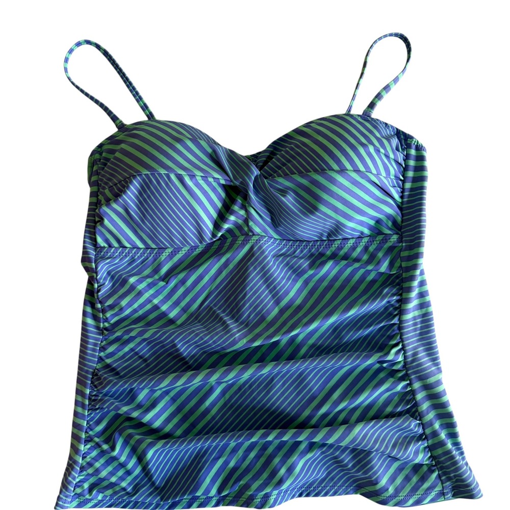 COLLECTIONS BY CATALINA Blue LimeGreen Stripe Tankini Top Ladies Swimwear, 12/14